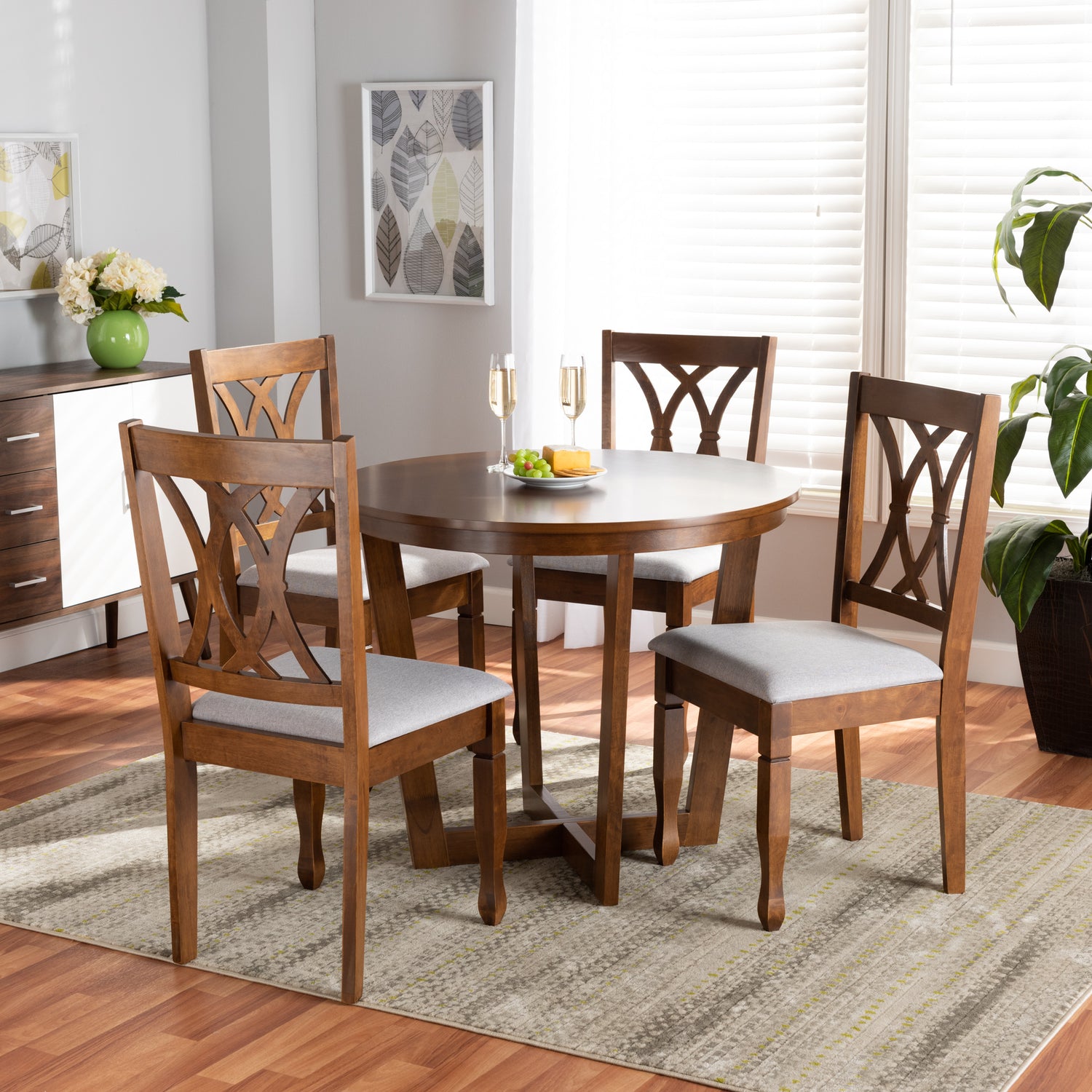 Aggie Dining Set Modern 5-Piece Grey Fabric Upholstered with Walnut Brown Finished Wood