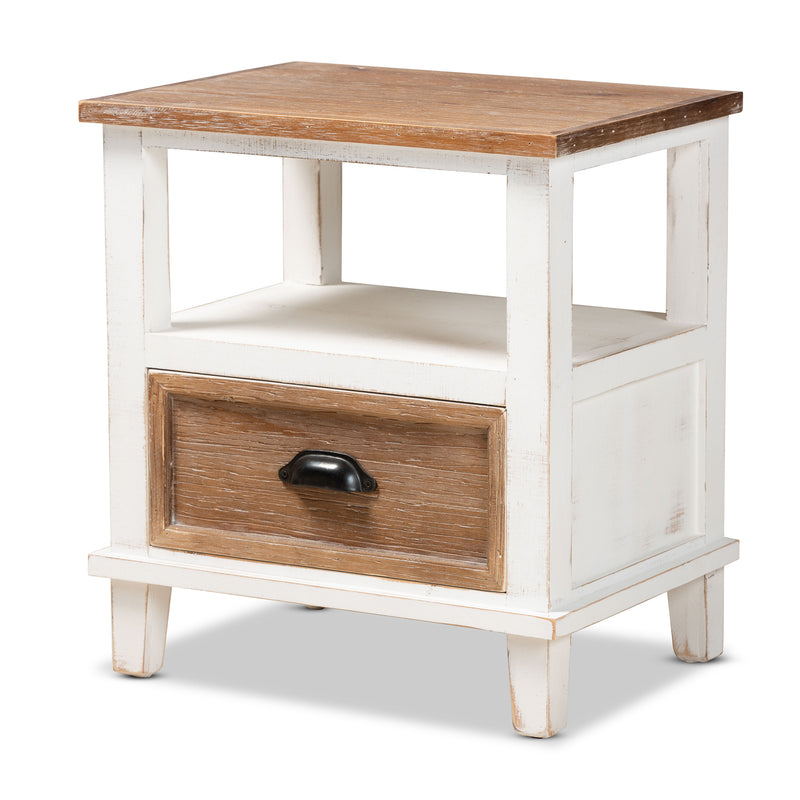 Glynn Rustic Farmhouse End Table Weathered Two-Tone White and Oak Brown Wood with 1 Drawer for Living Room or Bedroom Storage