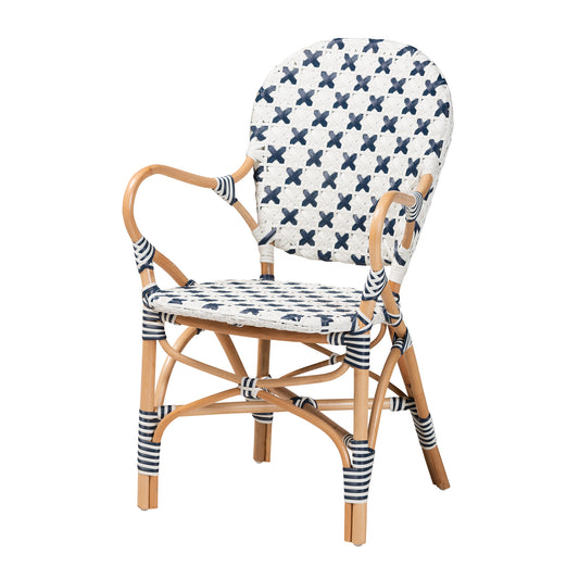 Bryson Bistro Chair Modern French Design in Blue and White Weaving with Natural Rattan Accents for Dining and Outdoor Spaces