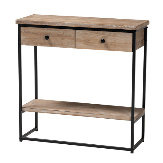 Silas Console Table Modern Industrial Design Natural Brown Wood Black Metal 2 Drawers for Storage and Style