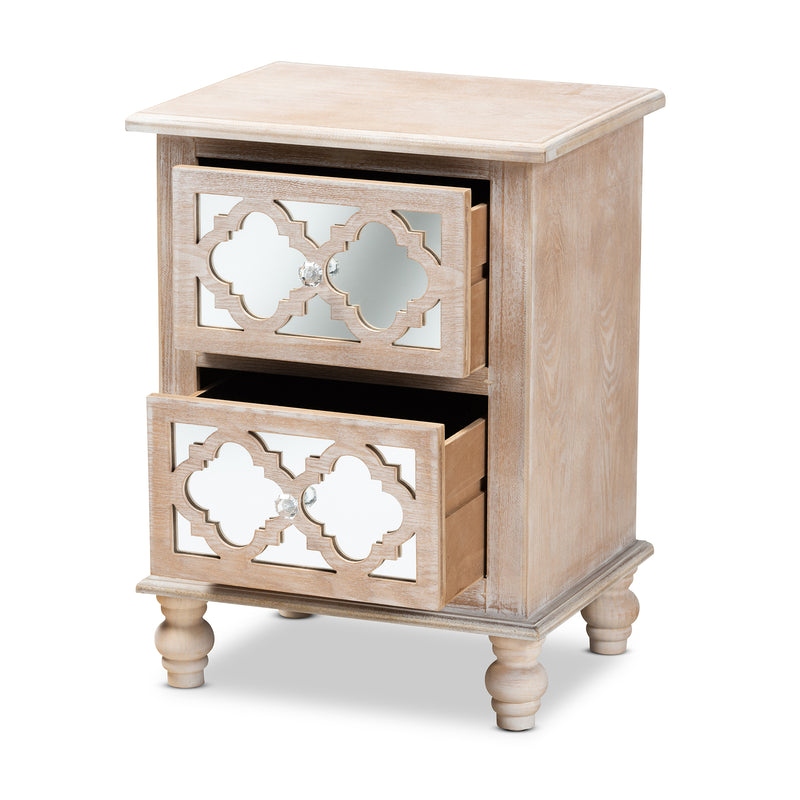 Celia End Table - Rustic French Country Design with White-Washed Wood and Mirror, 2 Drawers and Quatrefoil Accents