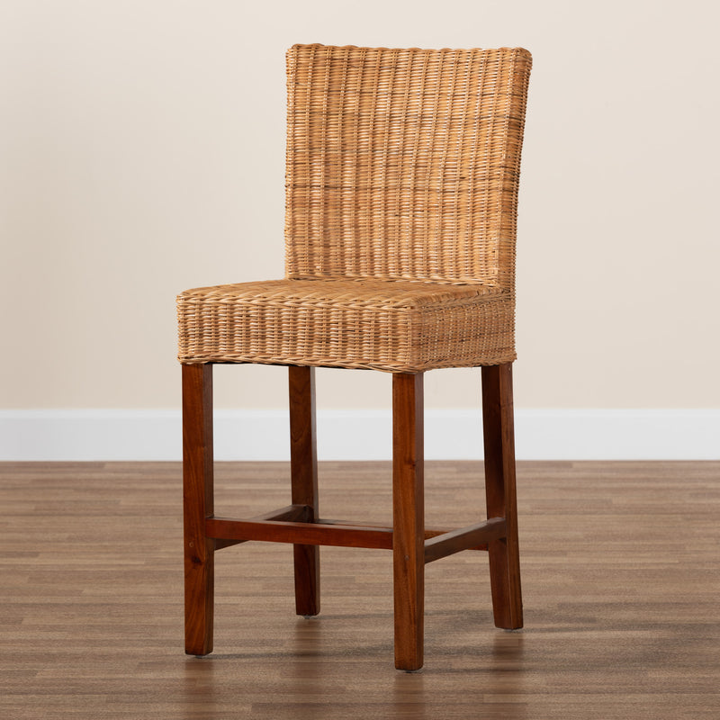 Racquel Modern Bohemian Counter Stool in Natural Rattan and Mahogany Wood for Chic Home Decor