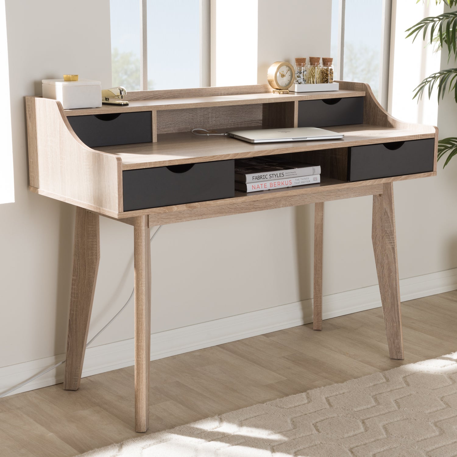 Fella Mid-Century Modern Study Desk with 4 Drawers in Oak and Grey Finish for Home Office or Workspace.