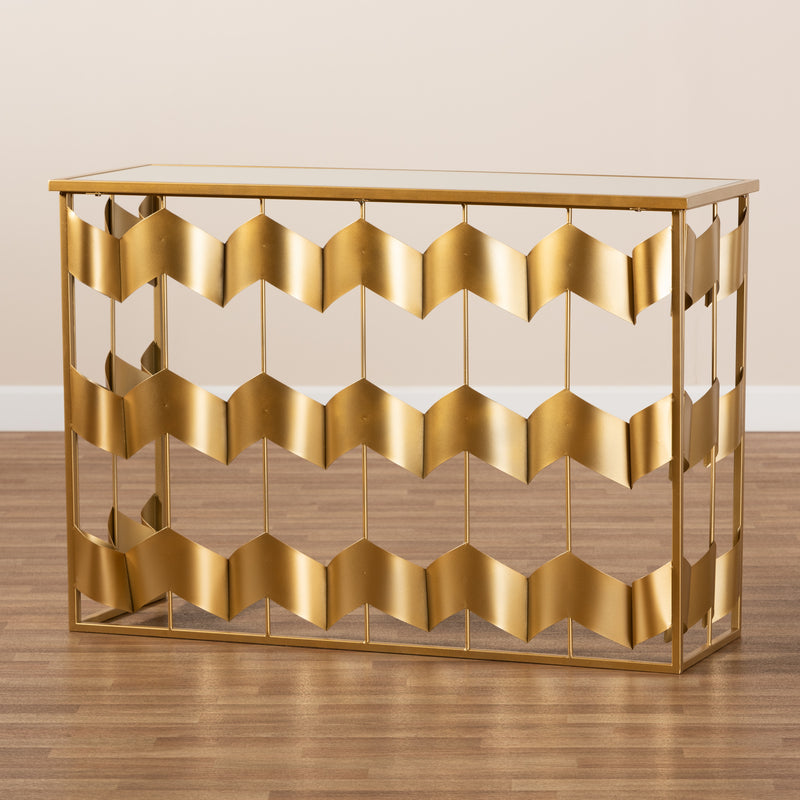 Vega Glam Geometric Console Table Luxe Gold Finished Metal and Mirrored Glass Design for Modern Decor