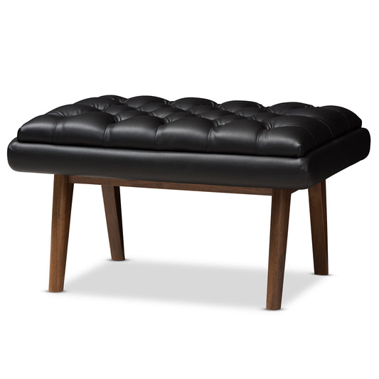 Annetha Ottoman - Mid-Century Modern Black Faux Leather with Walnut Finished Wood Base