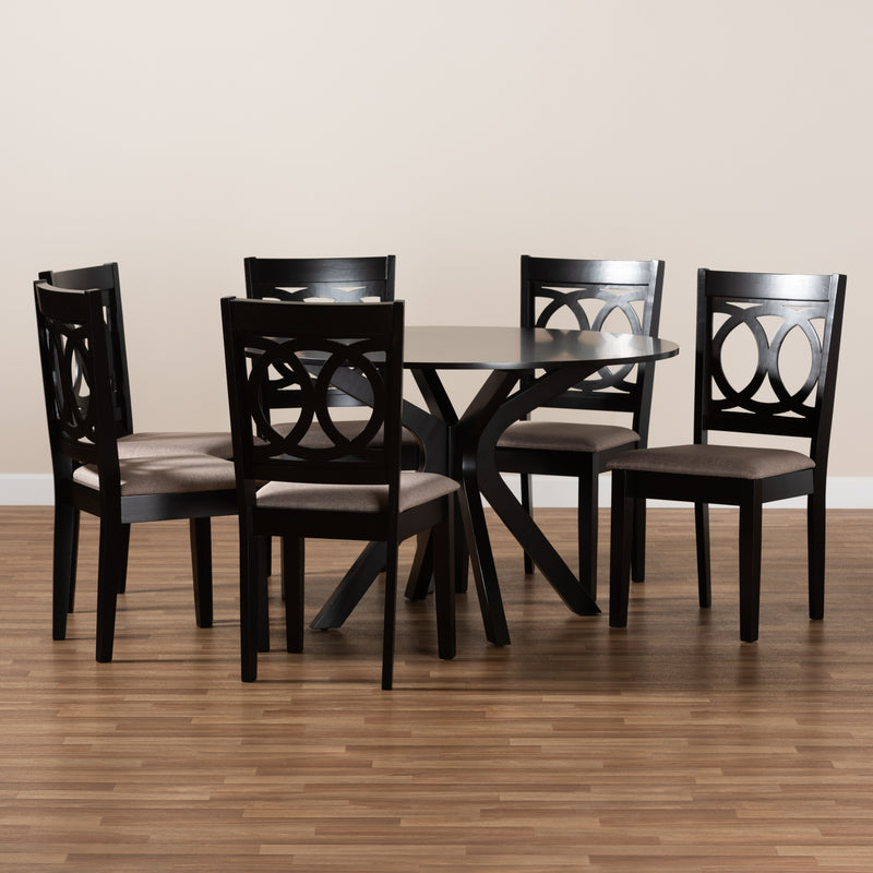 Sanne 7-Piece Dining Set Modern Sand Fabric Upholstered Chairs with Dark Brown Finished Wood Table