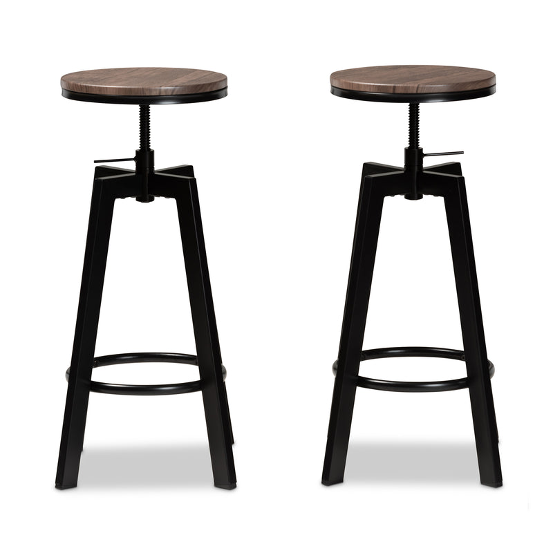 Maritta Vintage Industrial Rustic Bar Stool Set 2-Piece Adjustable Swivel Design with Walnut Wood and Black Metal Frame