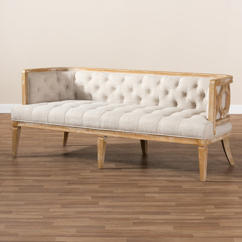 Agnes Sofa French Provincial Beige Linen Upholstered with White-Washed Oak Frame, Elegant Living Room Furniture, Classic Design