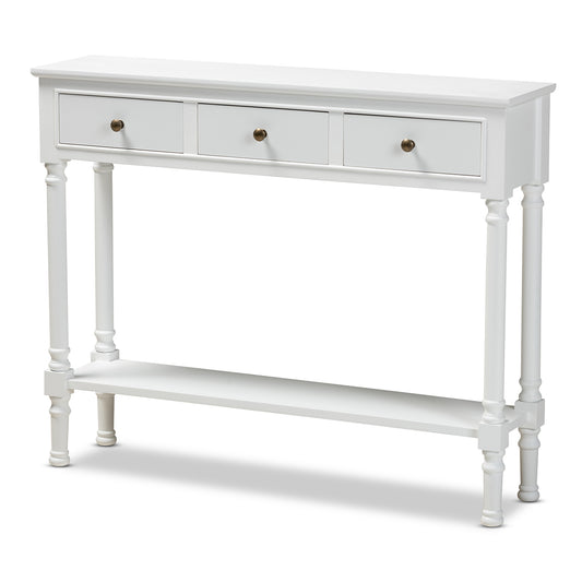 Calvin Console Table Classic and Traditional French Farmhouse White Finished Wood 3-Drawer Entryway