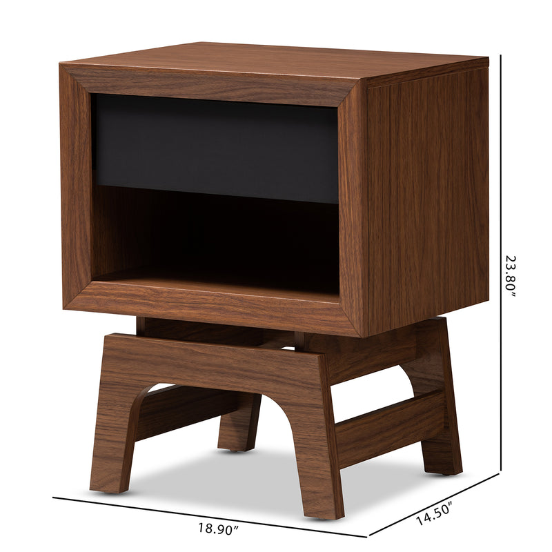 Svante Nightstand - Mid-Century Modern Walnut Brown and Dark Gray Wood with 1 Drawer for Bedroom Storage