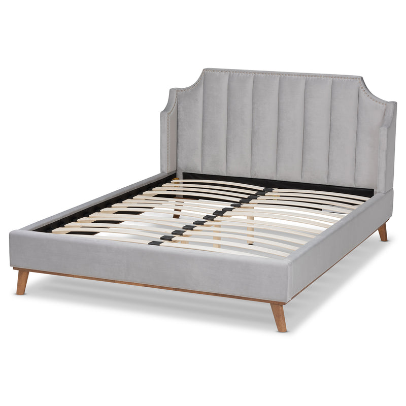 Adelie King Size Wingback Platform Bed in Light Grey Velvet with Walnut Brown Finished Wood