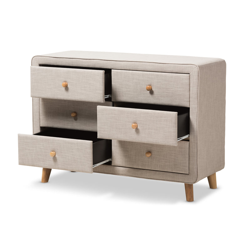 Jonesy Dresser - Mid-Century Beige Linen Upholstered 6-Drawer