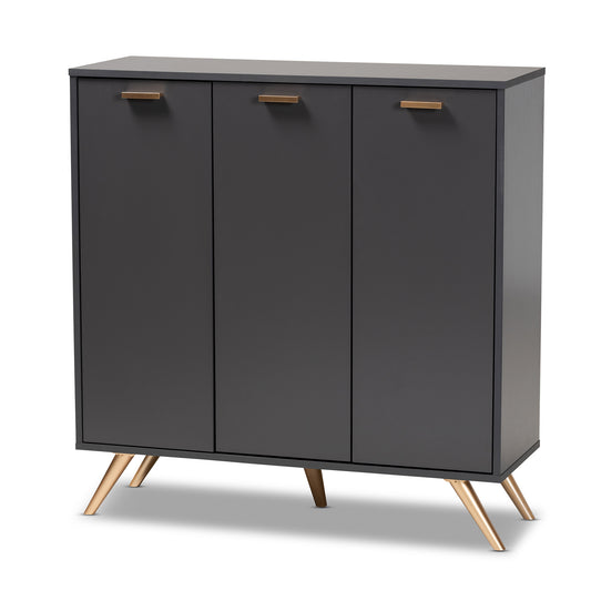 Kelson Shoe Cabinet Modern Dark Grey Wood with Gold Finish 3-Door Storage Solution for Organized Footwear