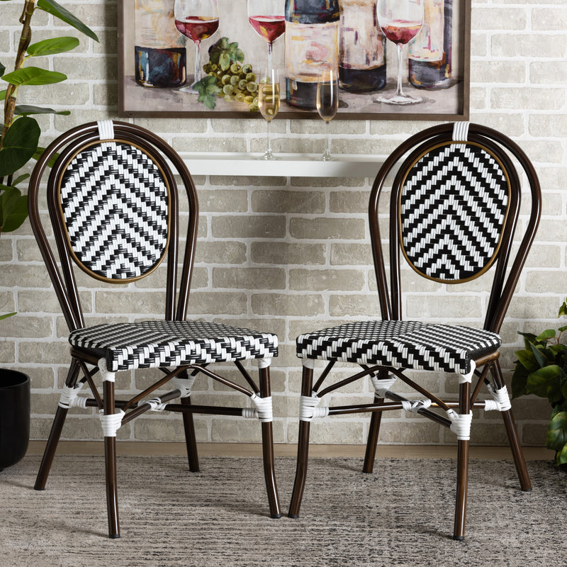 Alaire Outdoor Dining Chair Set Classic French Black and White Weaving and Dark Brown Metal 2-Piece