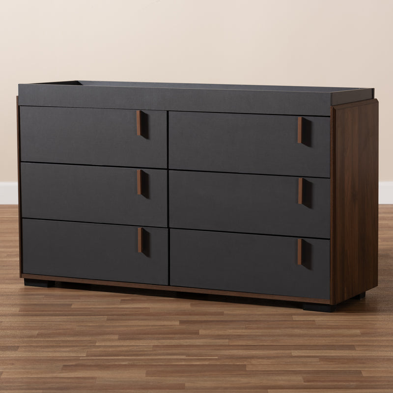 Rikke Dresser: Modern Two-Tone Gray and Walnut Finished Wood 6-Drawer Storage Solution for Bedroom Organization