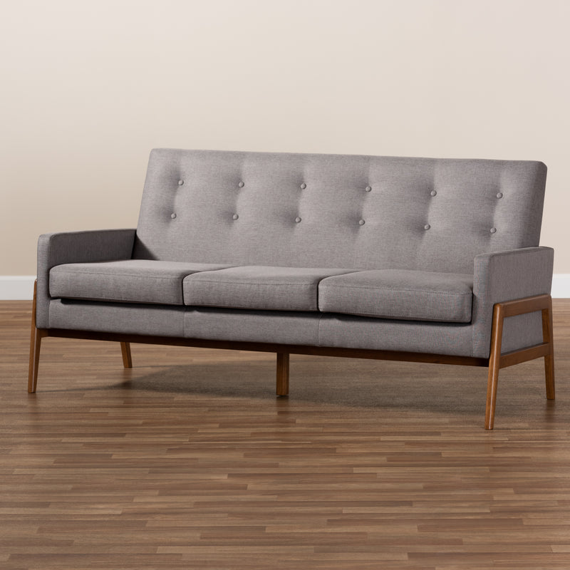 Perris Mid-Century Modern Sofa Light Grey Fabric Upholstered with Walnut Finished Frame Stylish Comfortable Living Room Furniture