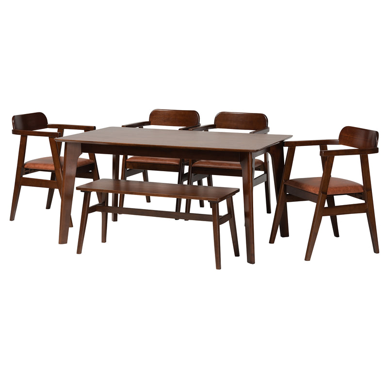 Cleo Dining Set Mid-Century Modern 6-Piece Collection with Light Brown Fabric and Dark Brown Wood for Stylish Dining Rooms