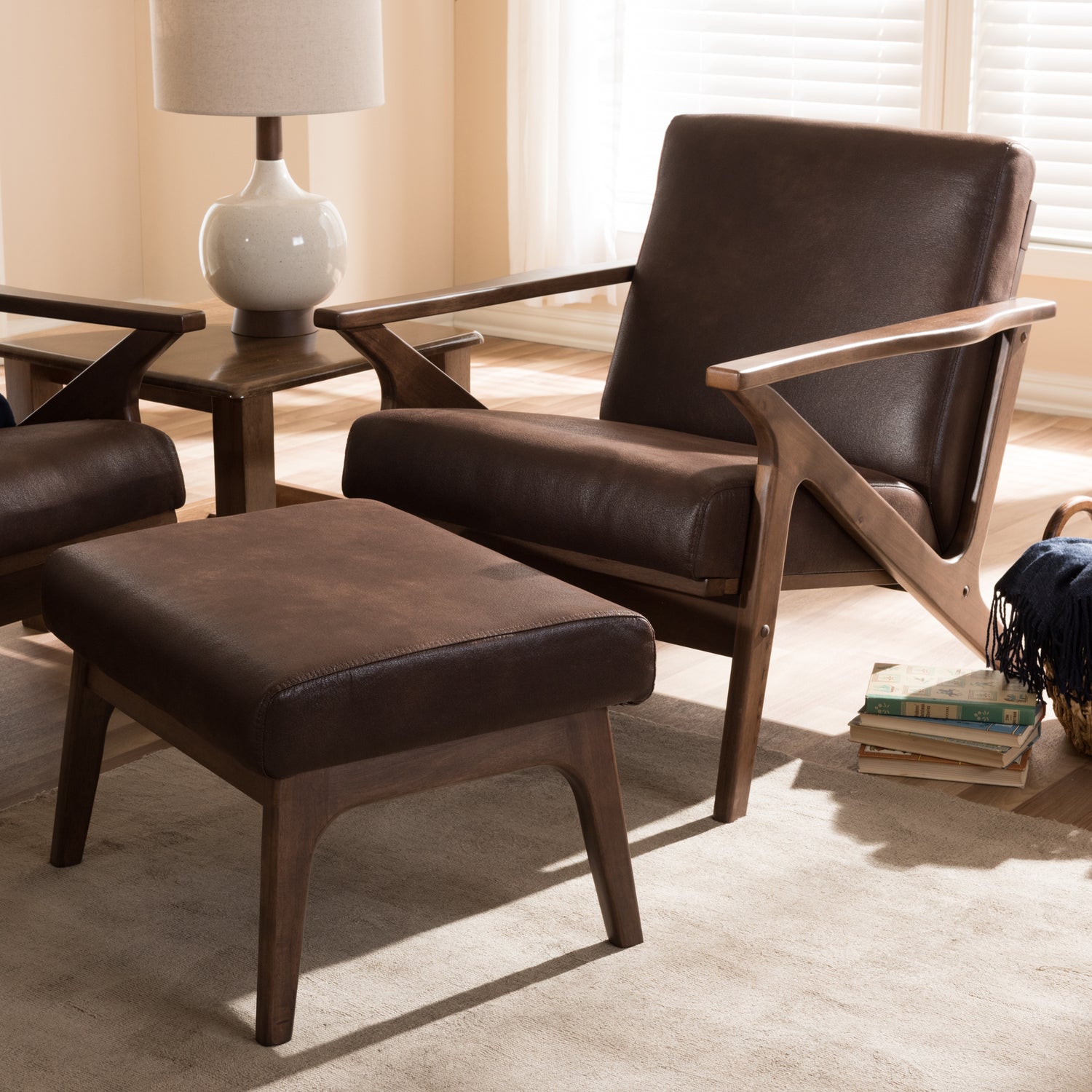 Bianca Lounge Chair and Ottoman Set Mid-Century Modern Walnut Wood Dark Brown Distressed Faux Leather