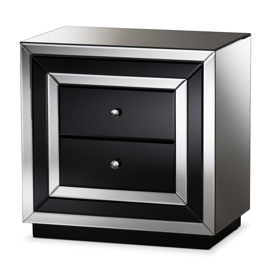 Cecilia Mirrored End Table with 2 Drawers, Elegant Hollywood Regency Accent Furniture for Living Room or Bedroom