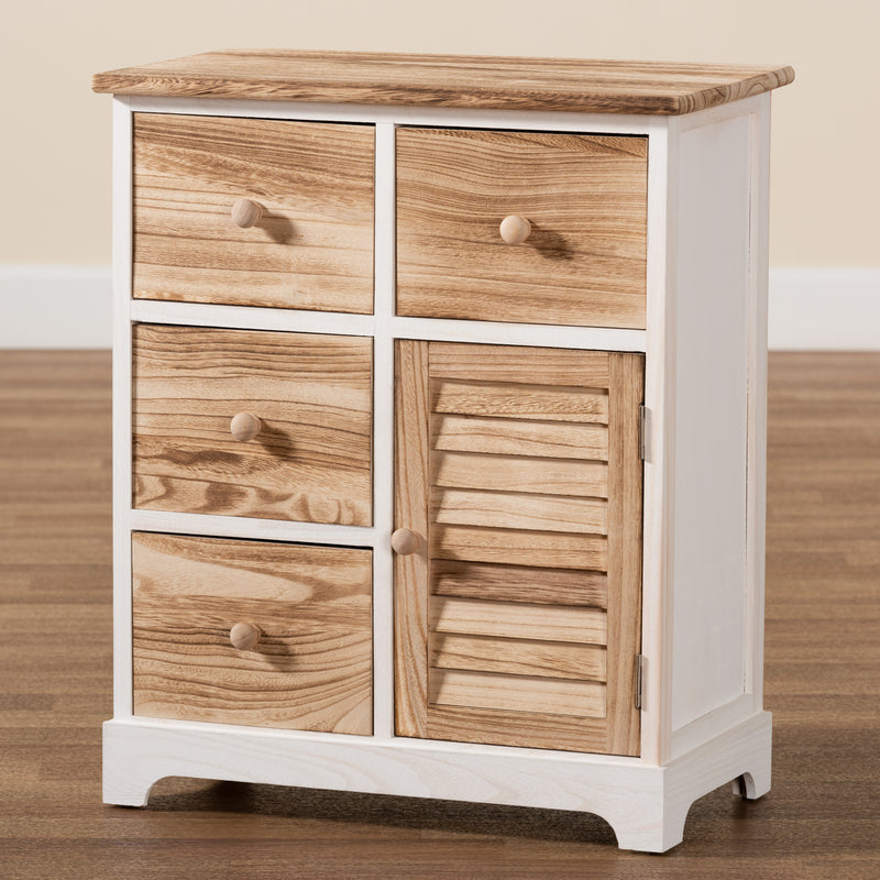 Gella Storage Unit Rustic Two-Tone Wood Design with 4 Drawers in White and Oak Brown Finish for Stylish Organization