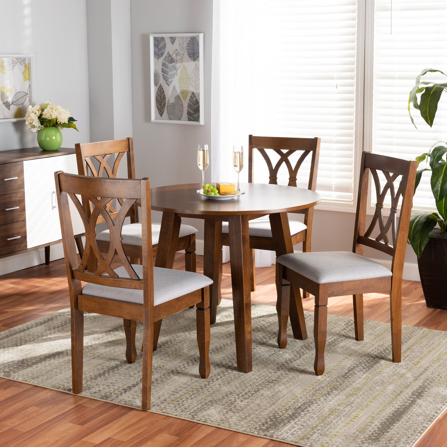 Leon Dining Set: Modern 5-Piece Grey Fabric Upholstered Dining Table with Walnut Brown Finished Wood Chairs