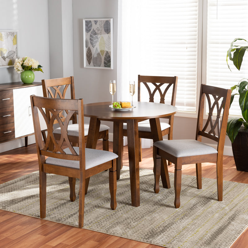 Leon Dining Set: Modern 5-Piece Grey Fabric Upholstered Dining Table with Walnut Brown Finished Wood Chairs