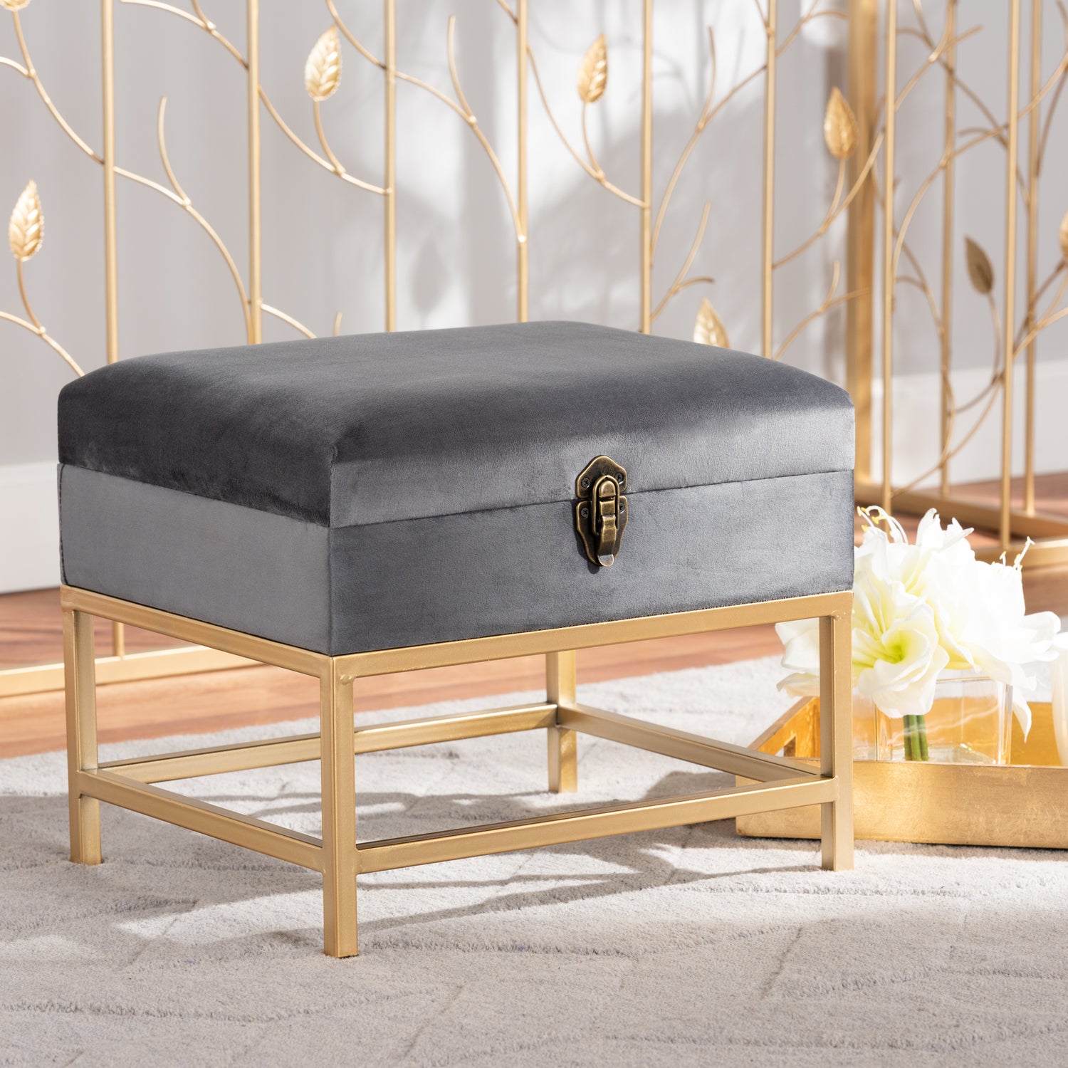 Aliana Ottoman Grey Velvet Fabric Upholstered with Gold Finished Metal Small Storage