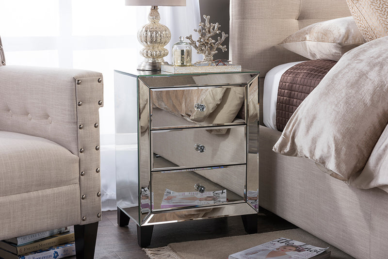 Chevron Mirrored End Table - Modern Hollywood Regency Glamour with 3 Drawers for Stylish Storage and Decor