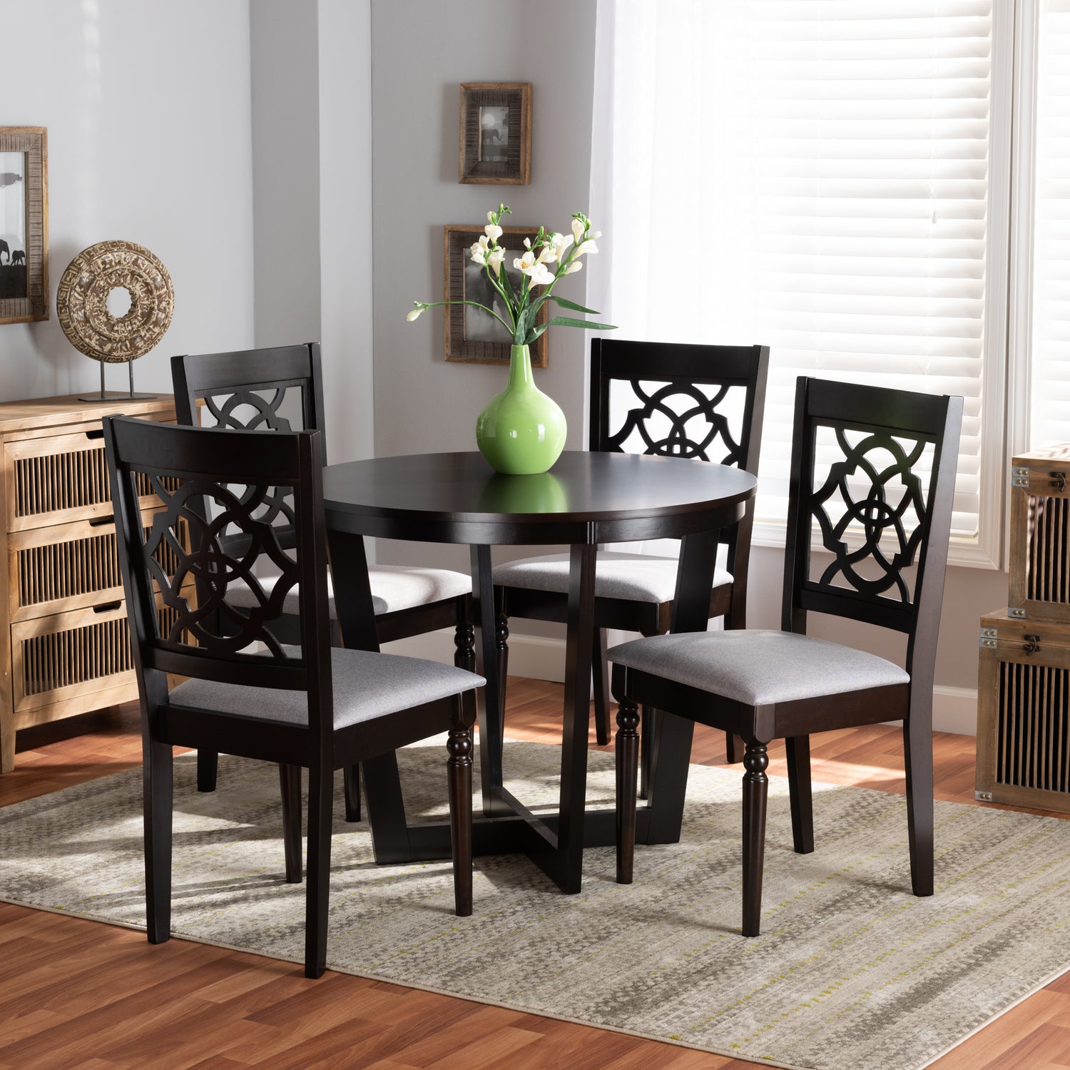 Valerie 5-Piece Dining Set Modern Grey Fabric Upholstered Chairs with Dark Brown Finished Wood Table