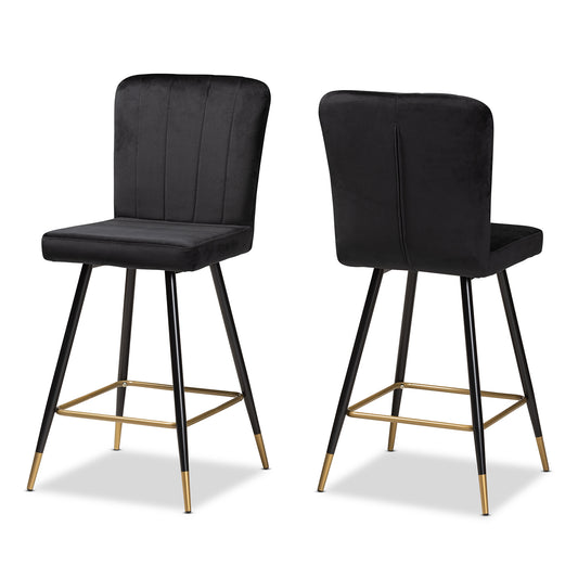 Preston Bar Stool Set Modern Luxe and Glam Black Velvet Fabric Upholstered Two-Tone Black and Gold Finished Metal 2-Piece