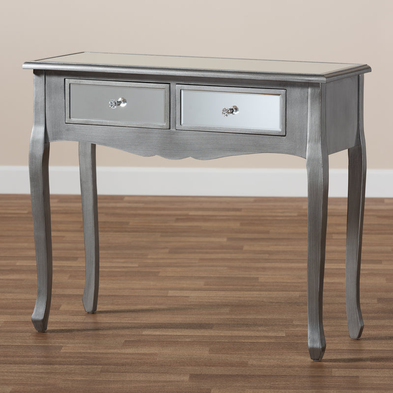 Leonie Console Table Modern Transitional Design with Brushed Silver Wood and Mirrored Glass Featuring 2 Drawers for Stylish Storage