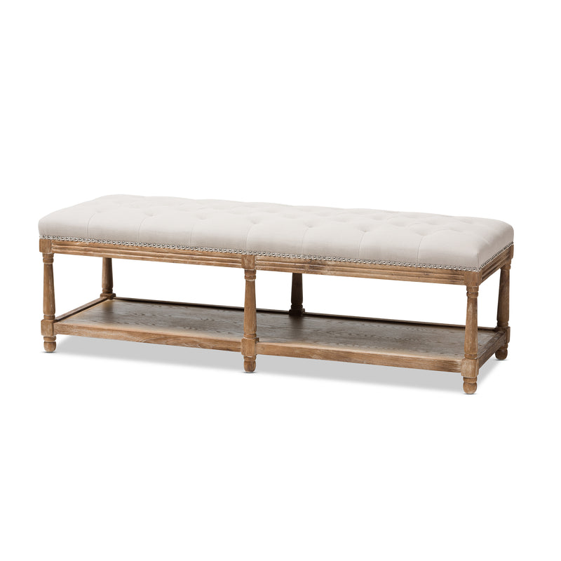 Celeste Ottoman Bench French Country Style Weathered Oak Finish Beige Linen Upholstery