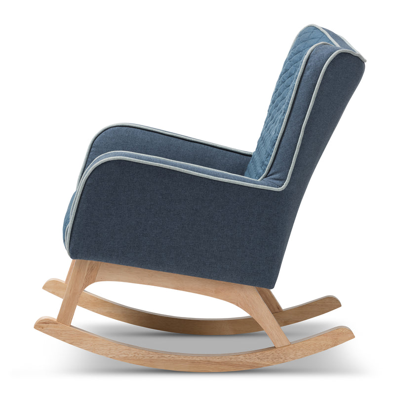 Zoelle Rocking Chair Mid-Century Modern Blue Fabric Upholstery with Natural Finish