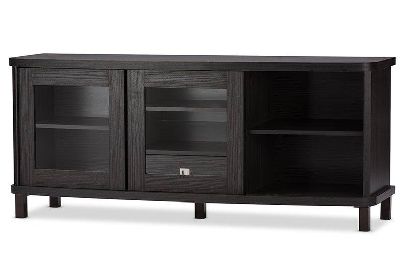 Walda 60-Inch TV Cabinet in Greyish Dark Brown Wood with 2 Sliding Doors and 1 Drawer for Stylish Living Room Storage Solutions