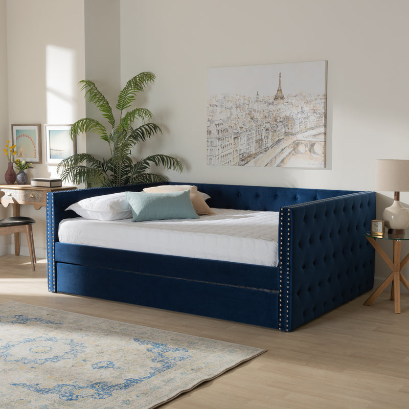 Larkin Daybed - Modern and Contemporary Navy Blue Velvet Fabric Upholstered with Trundle