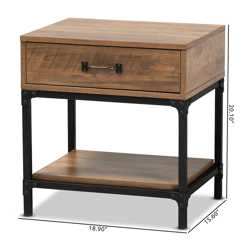 Norwood End Table Modern Industrial Design Walnut Brown Wood Black Metal 1 Drawer for Storage