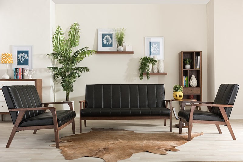 Nikko Living Room Set Mid-century Modern Scandinavian Style Black Faux Leather 3 Pieces