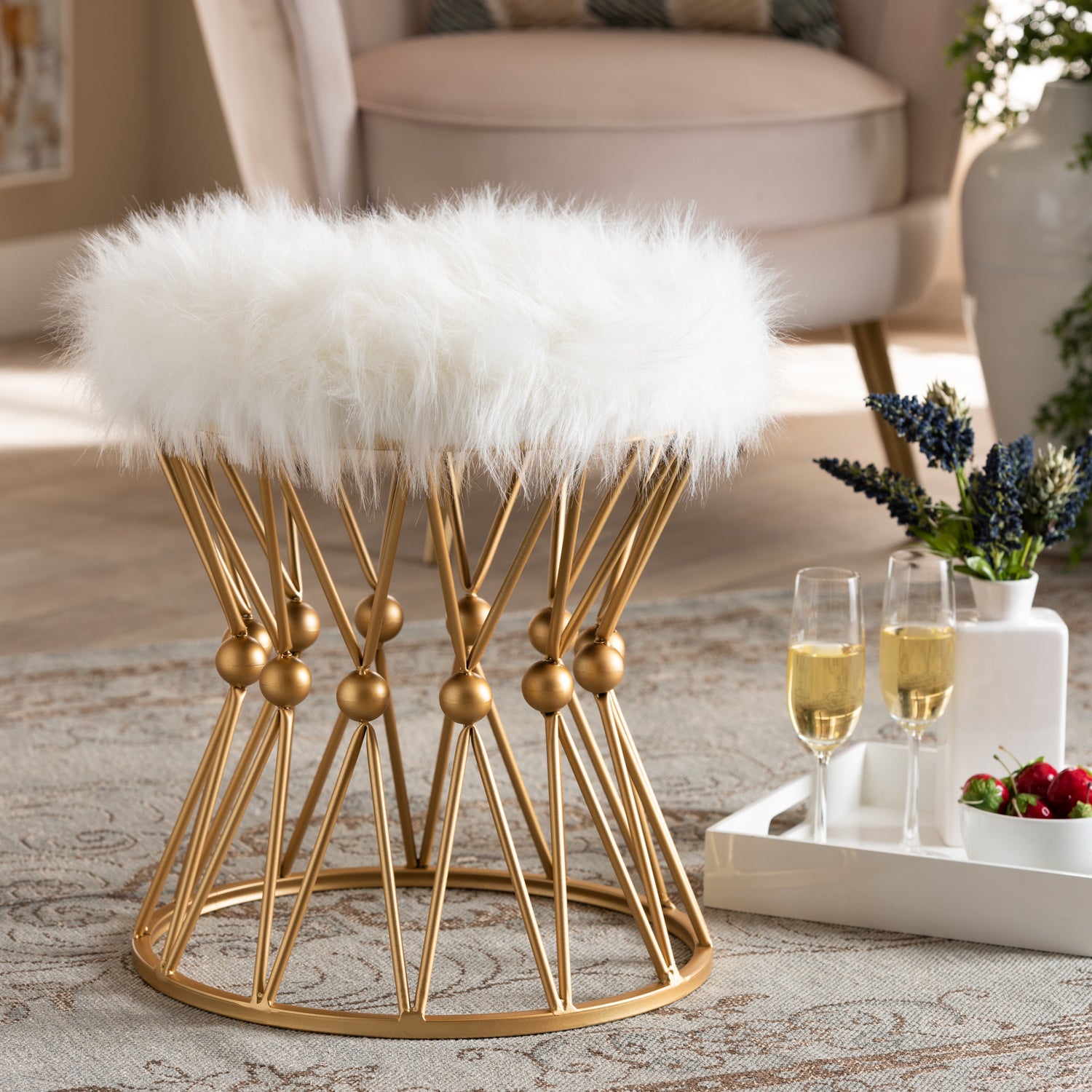 Leonie Glam Luxe Ottoman White Faux Fur Upholstered Gold Finished Metal Base Stylish Accent Furniture for Living Room or Bedroom Decor