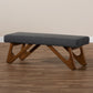 Rika Bench Mid-Century Modern Dark Grey Fabric Upholstered Walnut Brown Finished Boomerang