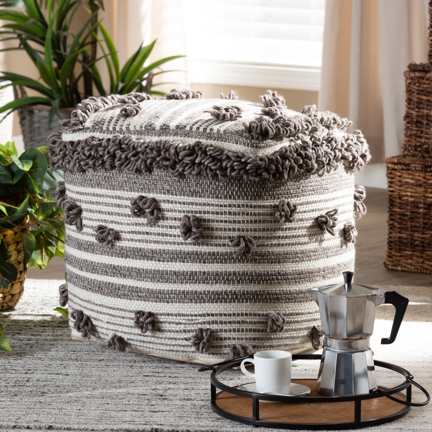 Eligah Pouf Ottoman Moroccan Inspired Handwoven Wool in Ivory and Brown for Stylish Home Decor and Comfortable Seating