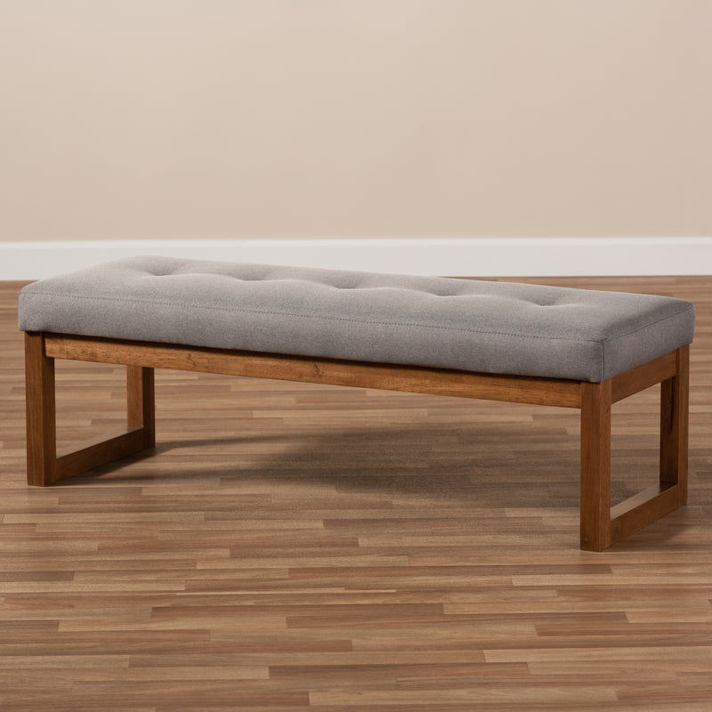 Caramay Bench Modern and Contemporary Grey Fabric Upholstered Walnut Brown Finished Wood