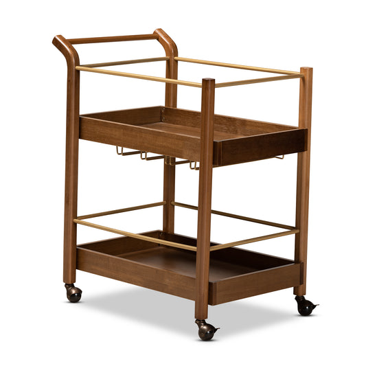 Tahir Mobile Bar Cart - Modern 2-Tier Design with Walnut Brown Wood and Antique Gold Metal Accents