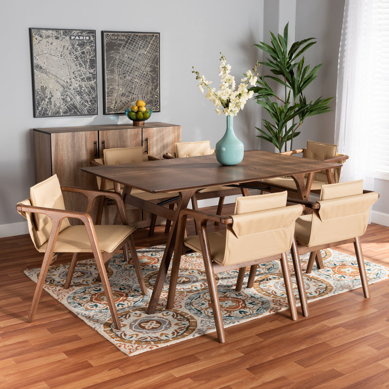 Marcena Dining Set Mid-Century Modern Beige Imitation Leather Upholstered Walnut Brown Finished Wood 7-Piece