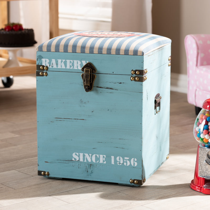 Caye Vintage Storage Trunk Ottoman Striped Fabric Upholstered with Light Blue Wood Finish