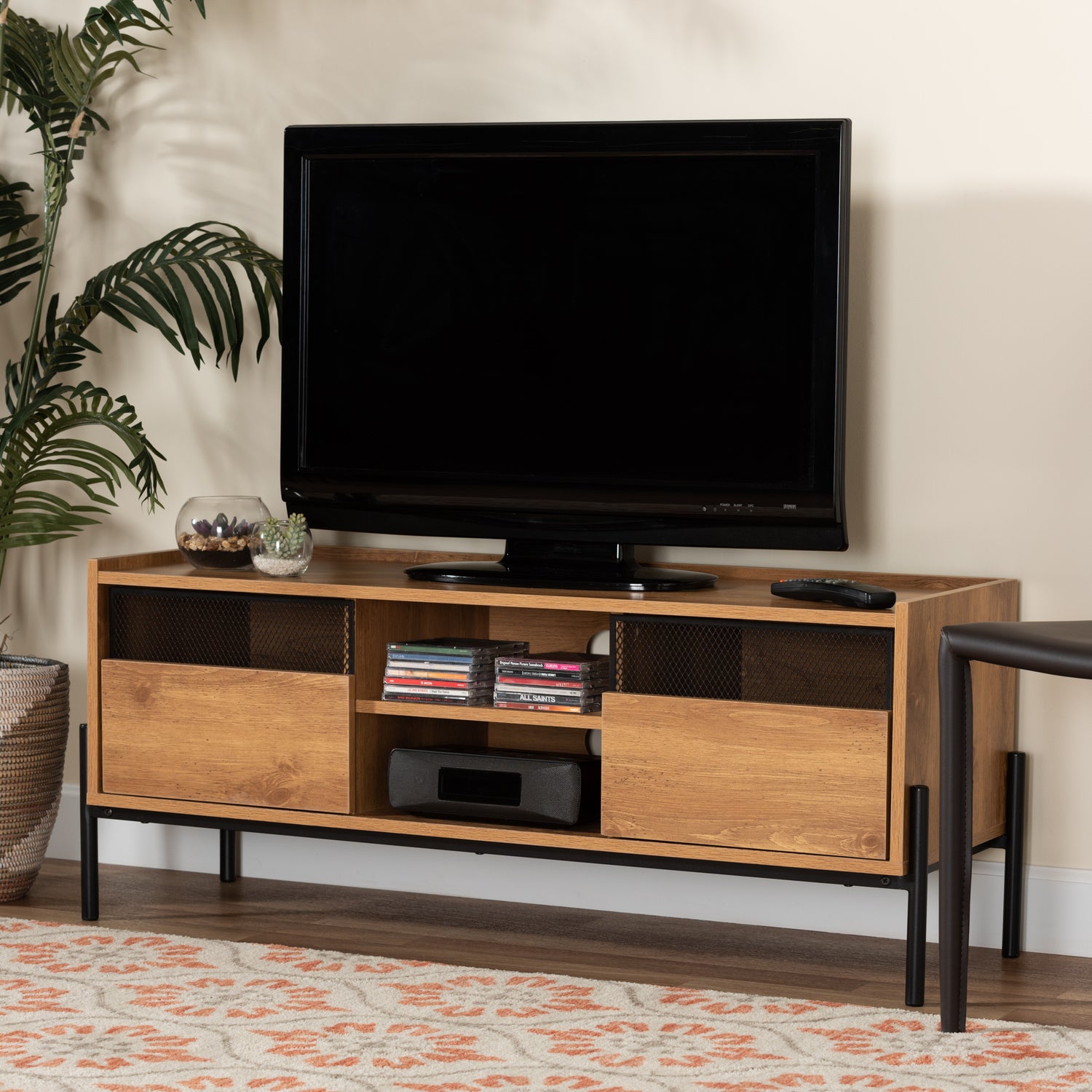 Tasman TV Stand Modern Contemporary Industrial Design Natural Brown Finished Wood Black Metal 2 Doors for Storage