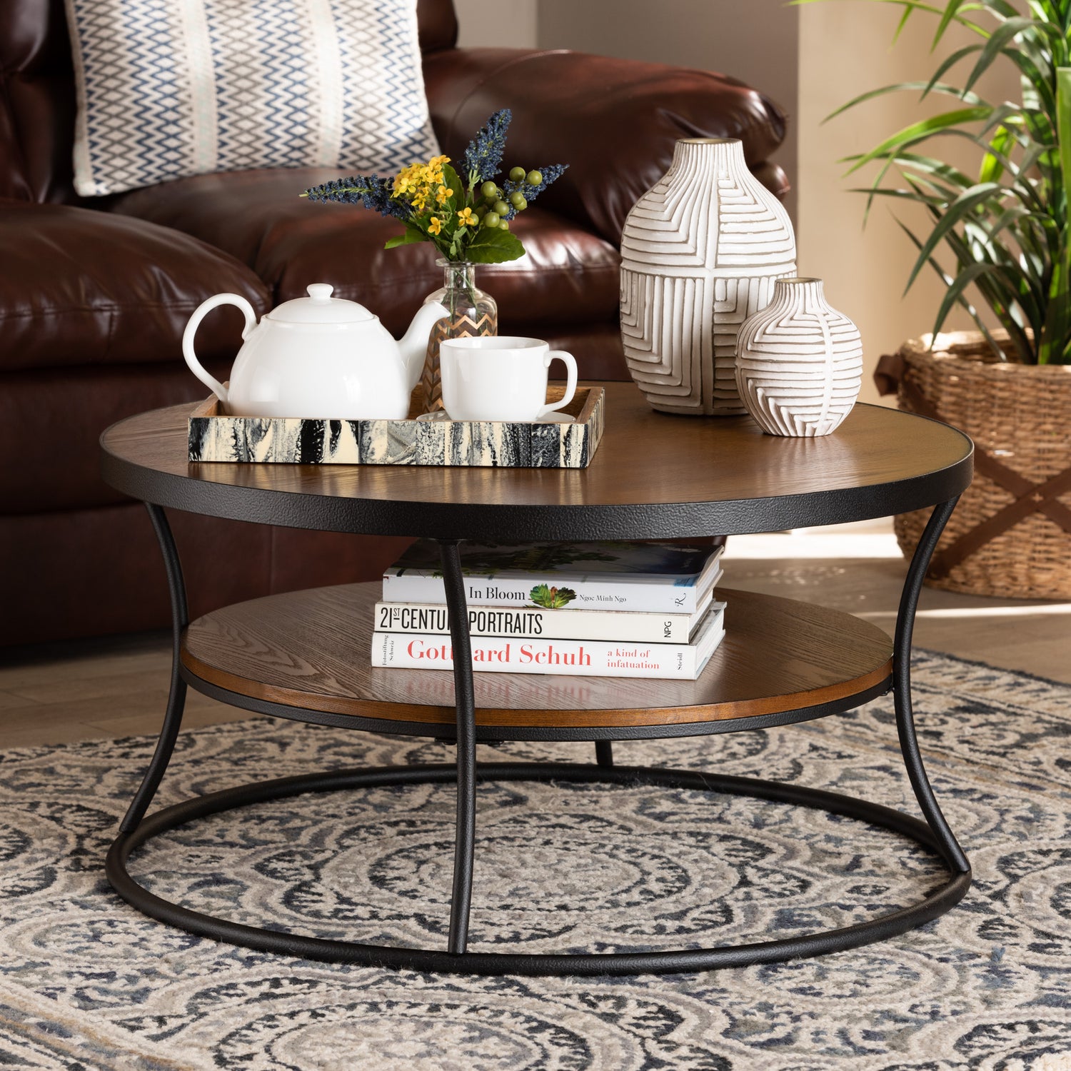 Albany Coffee Table Vintage Rustic Industrial Design with Walnut Brown Wood and Black Metal, Featuring 1 Shelf for Storage