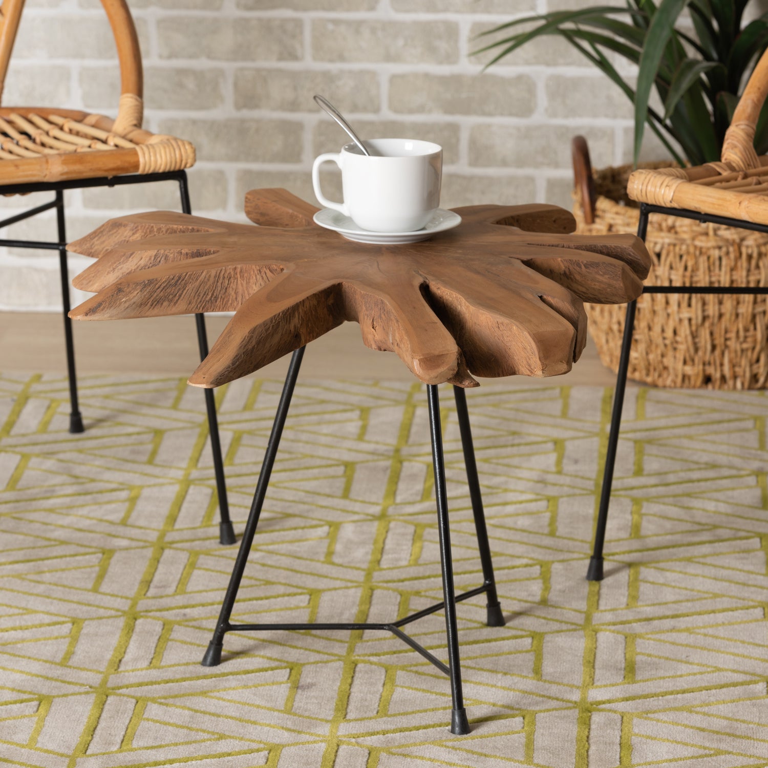 Merci Rustic Industrial End Table with Natural Brown and Black Finish, Unique Teak Tree Trunk Tabletop Design