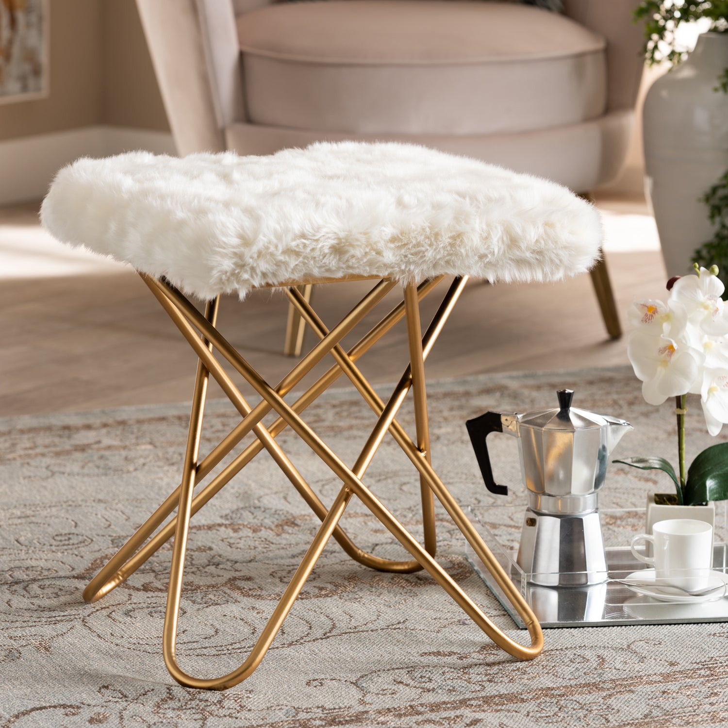 Valle Glam Luxe White Faux Fur Ottoman with Gold Metal Base Stylish Upholstered Accent Furniture for Living Room or Bedroom Decor