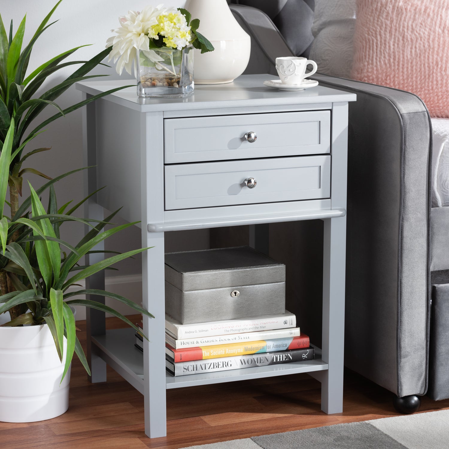 Willow End Table Modern Transitional Light Grey Finished 2-Drawer Wood