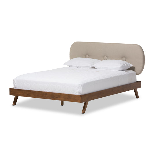 Penelope Queen Size Platform Bed - Mid-Century Modern Solid Walnut Frame with Light Beige Fabric Upholstery